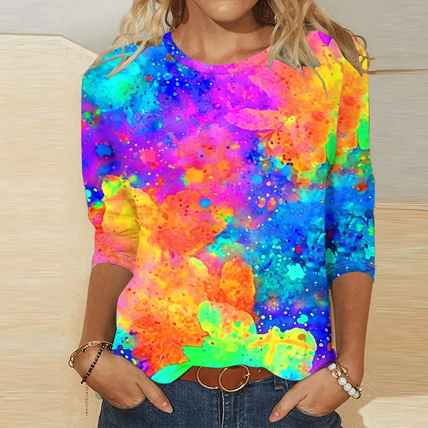 2024 Fashion Spring Tops 3/4 Sleeve Length Trendy Shirts Dressy Casual Work Blouse Ladies Tie Dye Summer Outfits