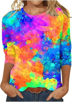 2024 Fashion Spring Tops 3/4 Sleeve Length Trendy Shirts Dressy Casual Work Blouse Ladies Tie Dye Summer Outfits