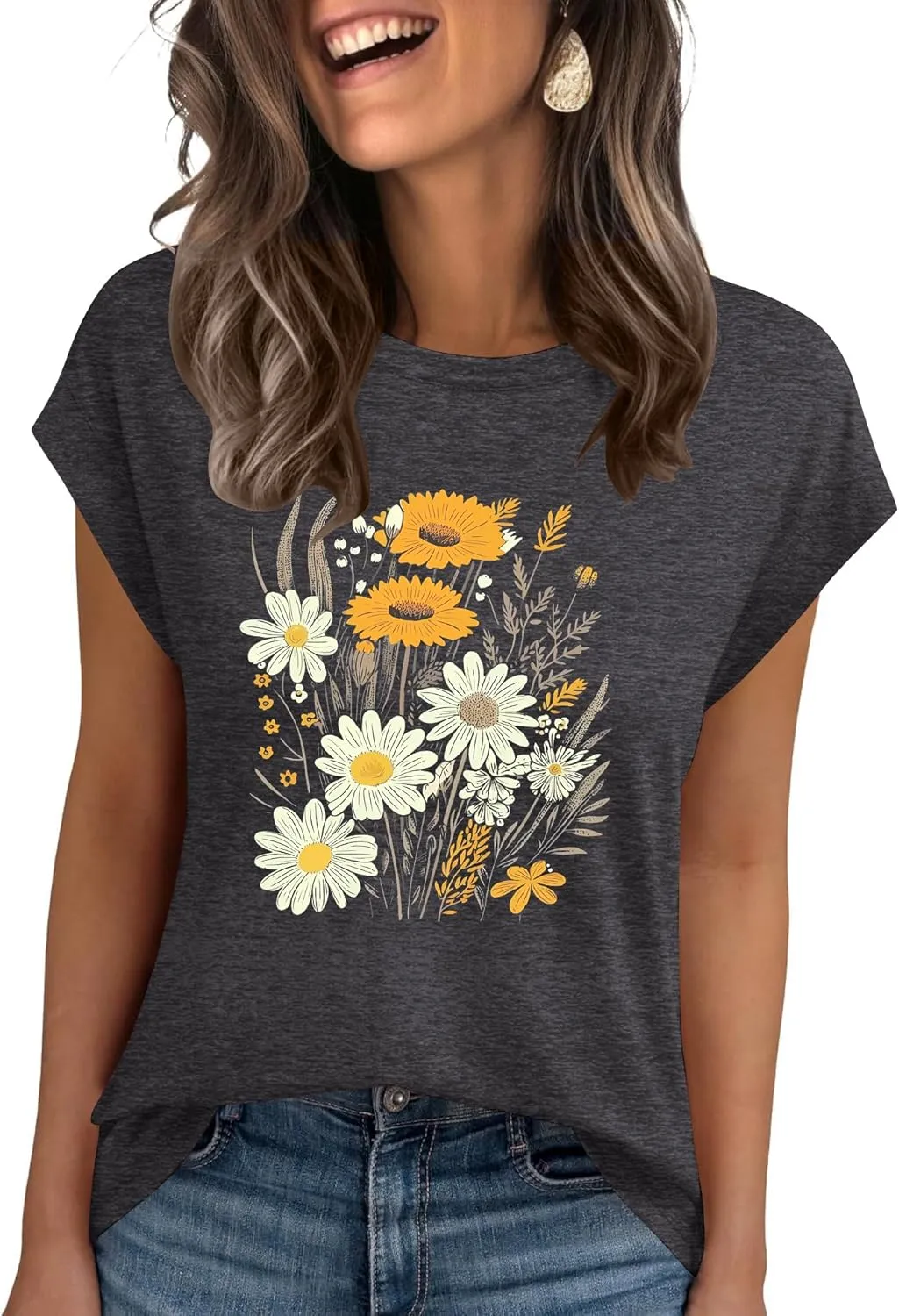 AKEWEI Womens Vintage Flower Print T Shirt Funny Cute Animal Graphic Tees Tops Loose Casual Outdoor Shirt