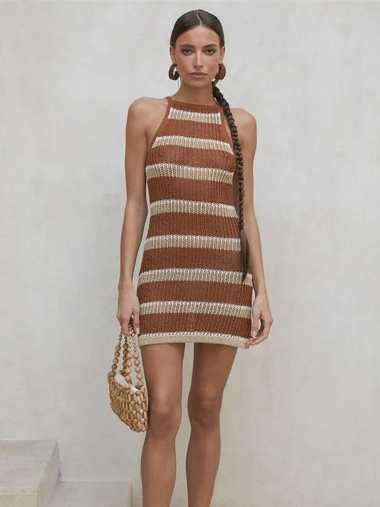 Amozae Hirigin Knitted Beach Cover Up Women Bikini   Sleeveless Holiday Skirt Beach Dress Tunics Swimsuit Female Cover Up Beachwear
