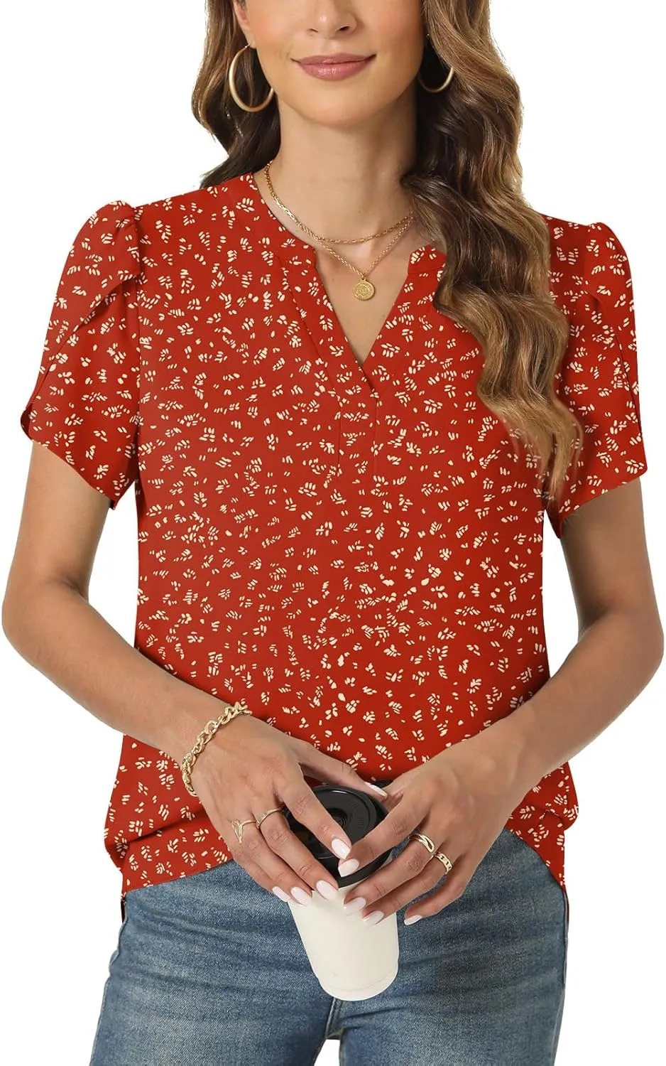 Anyally Women's Plus Size Short Sleeve Work Chiffon Blouses Casual Flowy Tunics Tops
