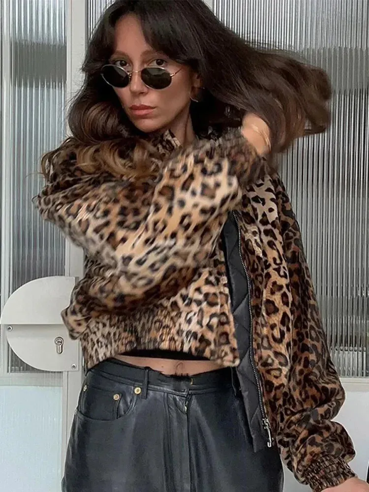 Back To School Joskaa Autumn Leopard Print Stand Collar Zipper Jacket For Women Long Sleeve Pocket Cropped Coat 2024 Female Street Commute Outerwear