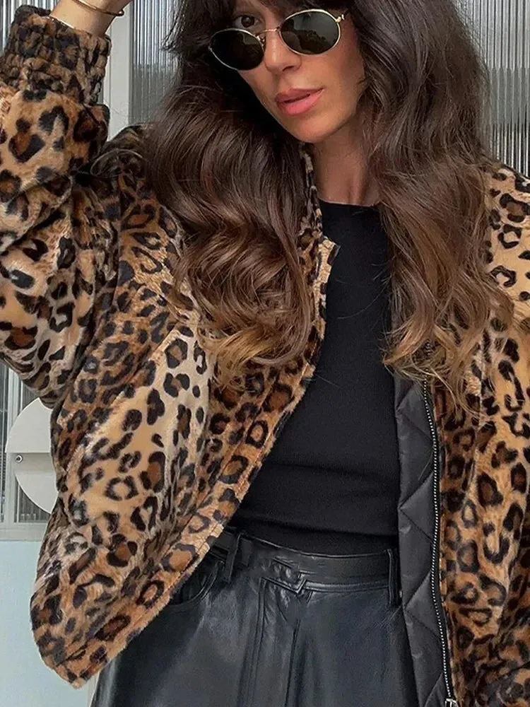 Back To School Joskaa Autumn Leopard Print Stand Collar Zipper Jacket For Women Long Sleeve Pocket Cropped Coat 2024 Female Street Commute Outerwear