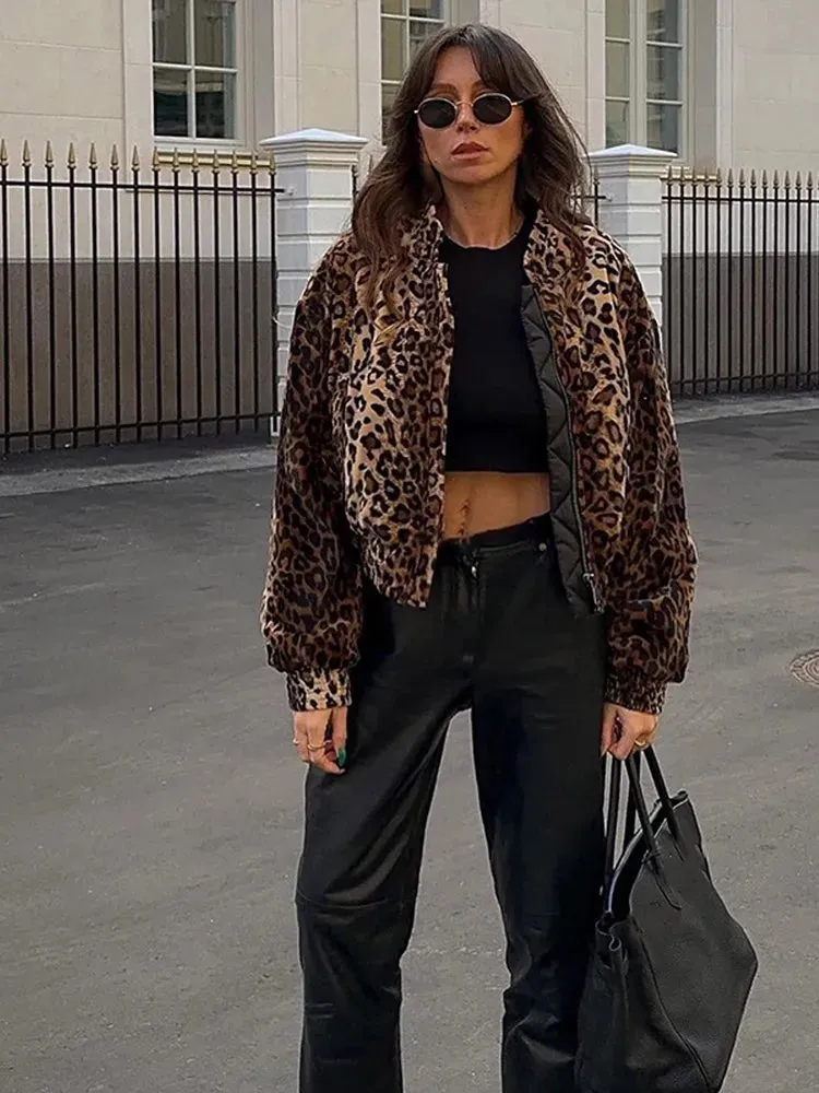Back To School Joskaa Autumn Leopard Print Stand Collar Zipper Jacket For Women Long Sleeve Pocket Cropped Coat 2024 Female Street Commute Outerwear