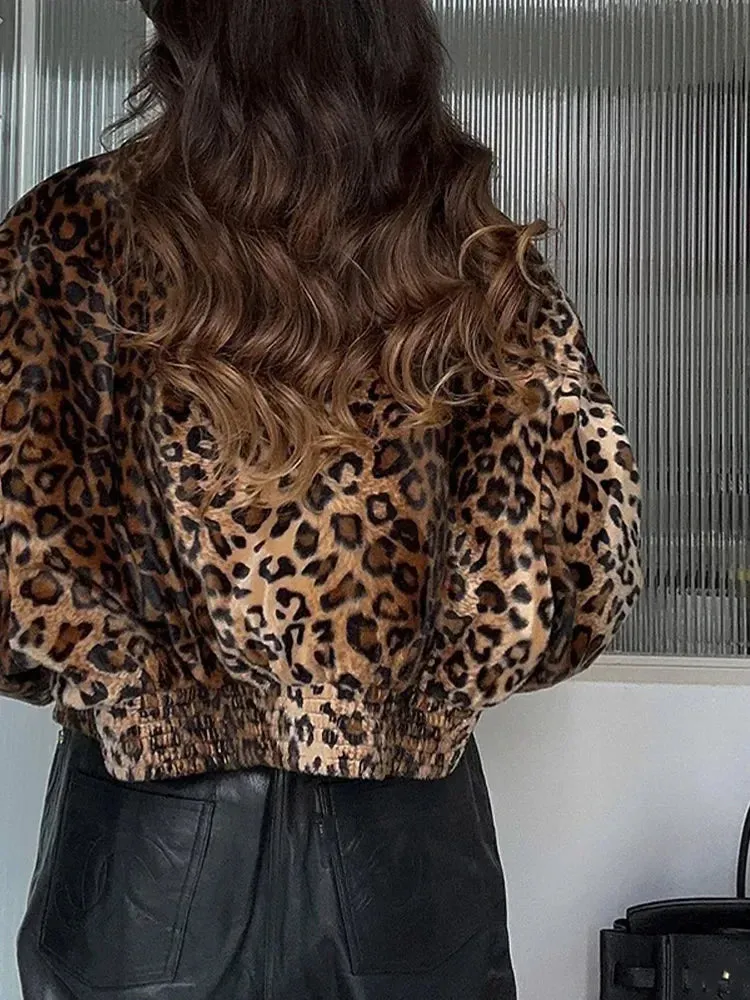 Back To School Joskaa Autumn Leopard Print Stand Collar Zipper Jacket For Women Long Sleeve Pocket Cropped Coat 2024 Female Street Commute Outerwear