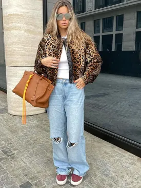 Back To School Joskaa Autumn Leopard Print Stand Collar Zipper Jacket For Women Long Sleeve Pocket Cropped Coat 2024 Female Street Commute Outerwear