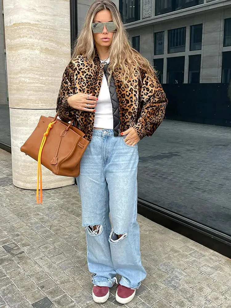 Back To School Joskaa Autumn Leopard Print Stand Collar Zipper Jacket For Women Long Sleeve Pocket Cropped Coat 2024 Female Street Commute Outerwear