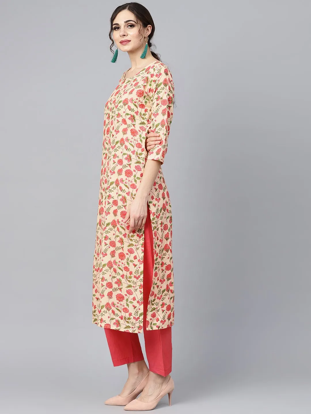 Beige Colored Floral Printed Straight Kurta With Solid Pink Pants & Mul Dupatta