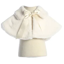 Big Girls Ivory Fluffy Faux Ribbon Closure Cape 8-12