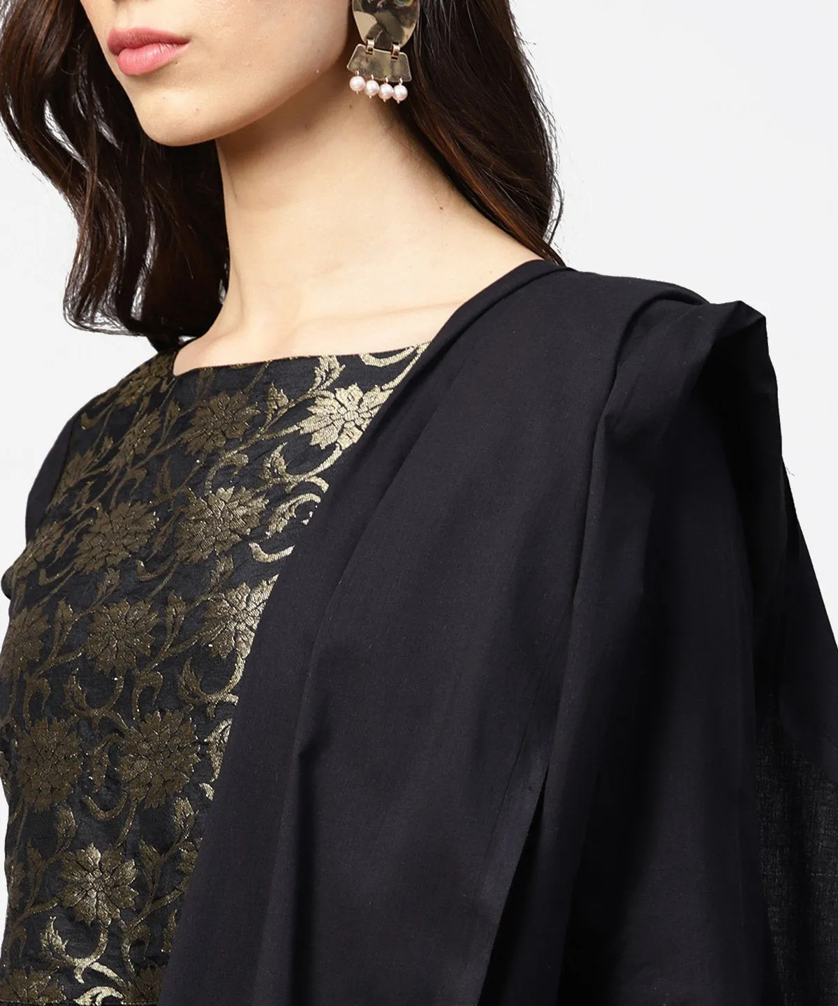 Black 3/4Th Sleeve Cotton Anarkali Kurta With Brocade At Yoke With Ankle Length Palazzo & Dupatta