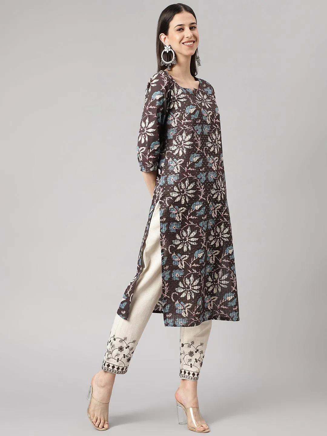 Black Floral Cotton Kurta Pant Set With Dupatta