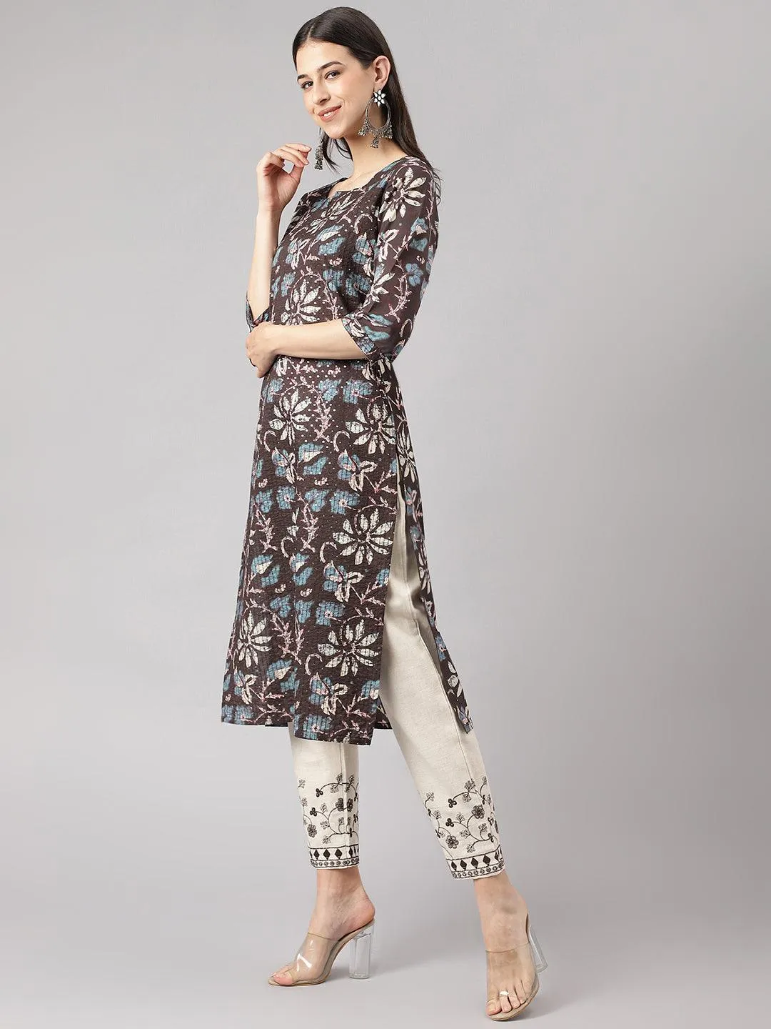Black Floral Cotton Kurta Pant Set With Dupatta