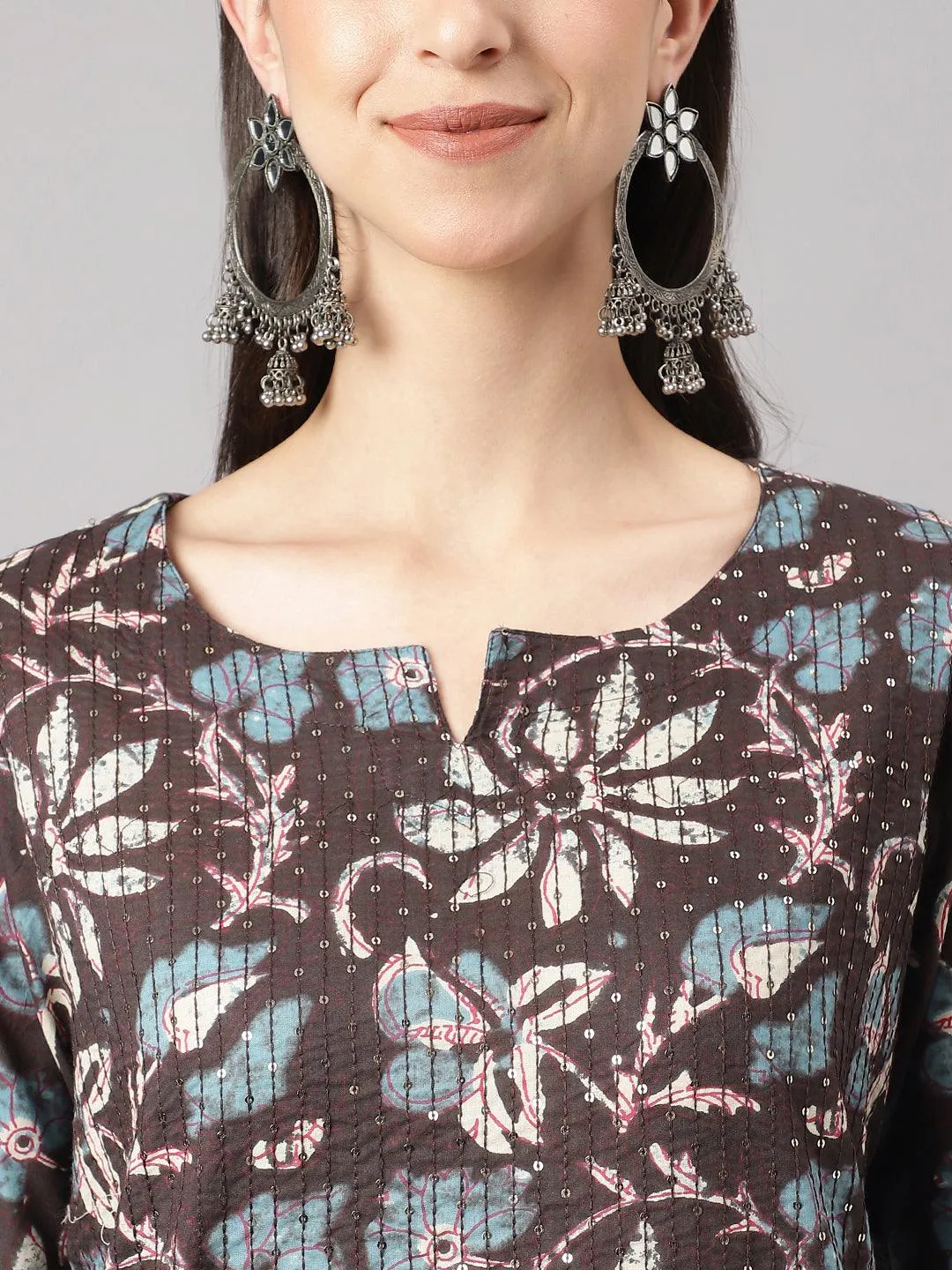 Black Floral Cotton Kurta Pant Set With Dupatta