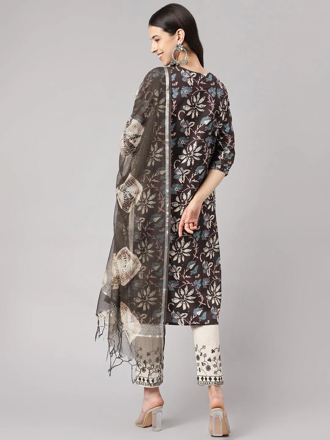 Black Floral Cotton Kurta Pant Set With Dupatta
