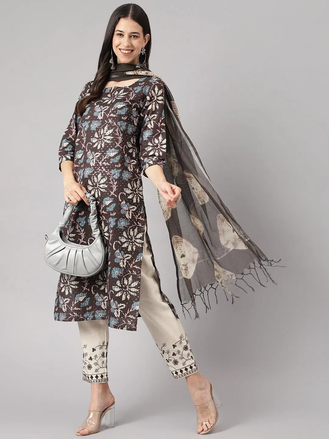 Black Floral Cotton Kurta Pant Set With Dupatta