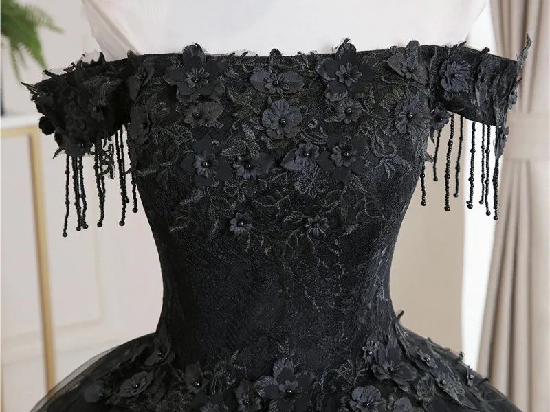 Black tulle lace long black tulle lace prom dresses