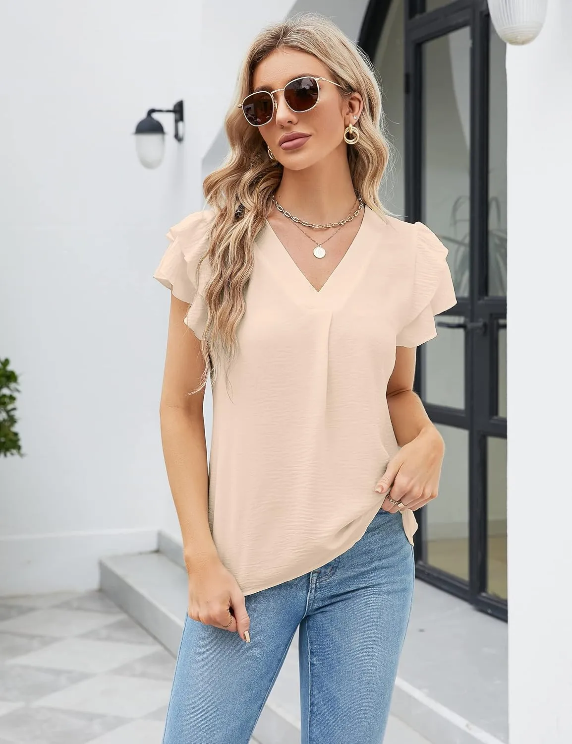 Blooming Jelly Womens Dressy Casual Shirts Short Sleeve V Neck Work Blouse Business Casual Summer Tops 2025