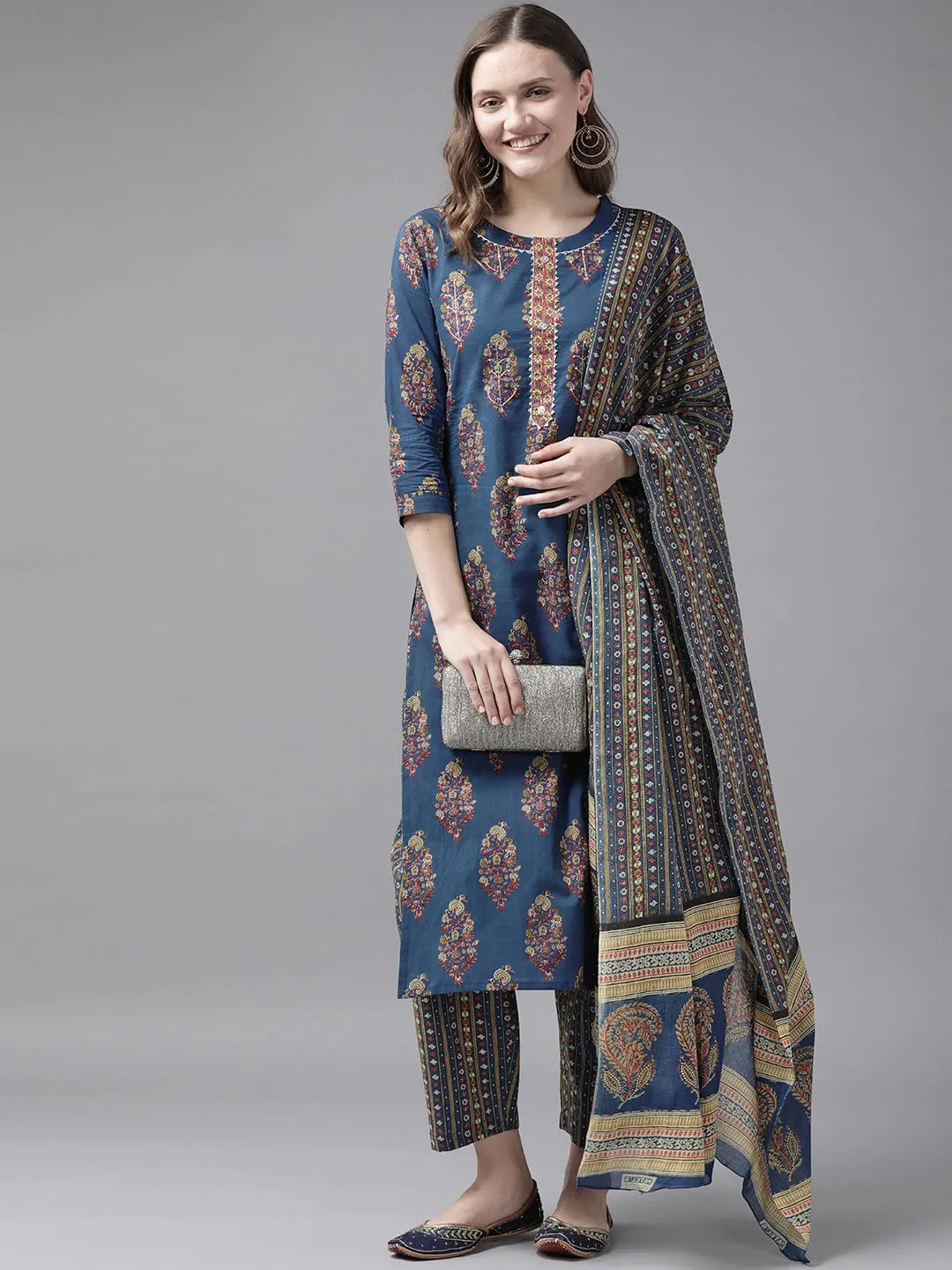 Blue & Red Printed Dupatta Set