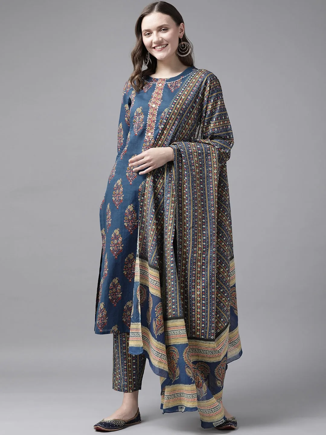 Blue & Red Printed Dupatta Set