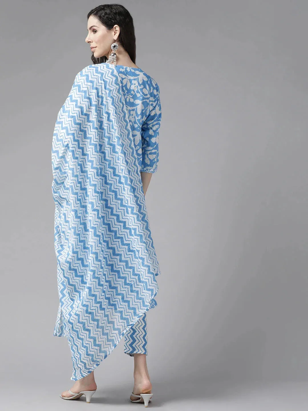 Blue Floral Printed Gota-Patti Dupatta Set