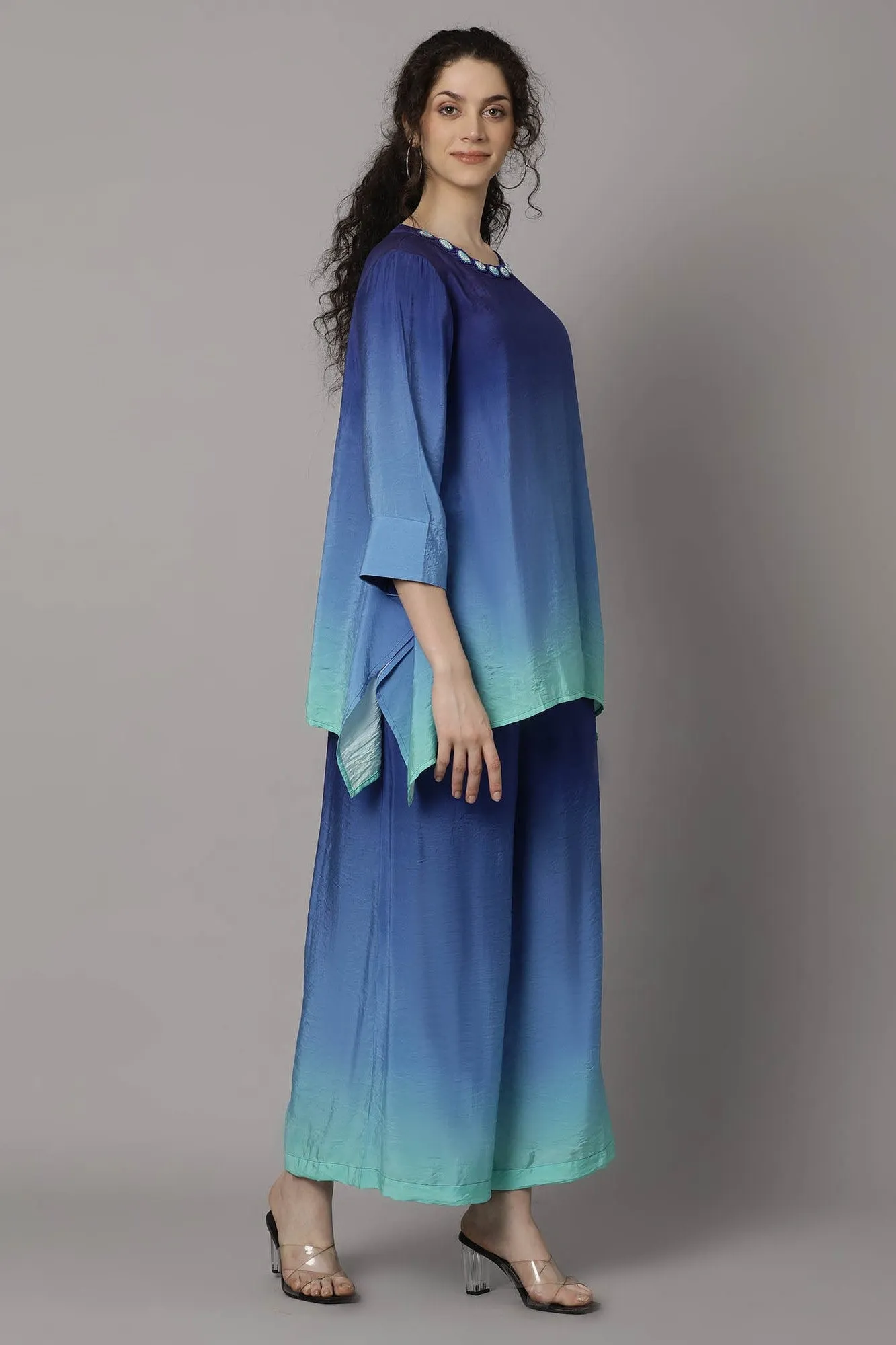 Blue Ombre-Dyed German Silk Co-Ord Set