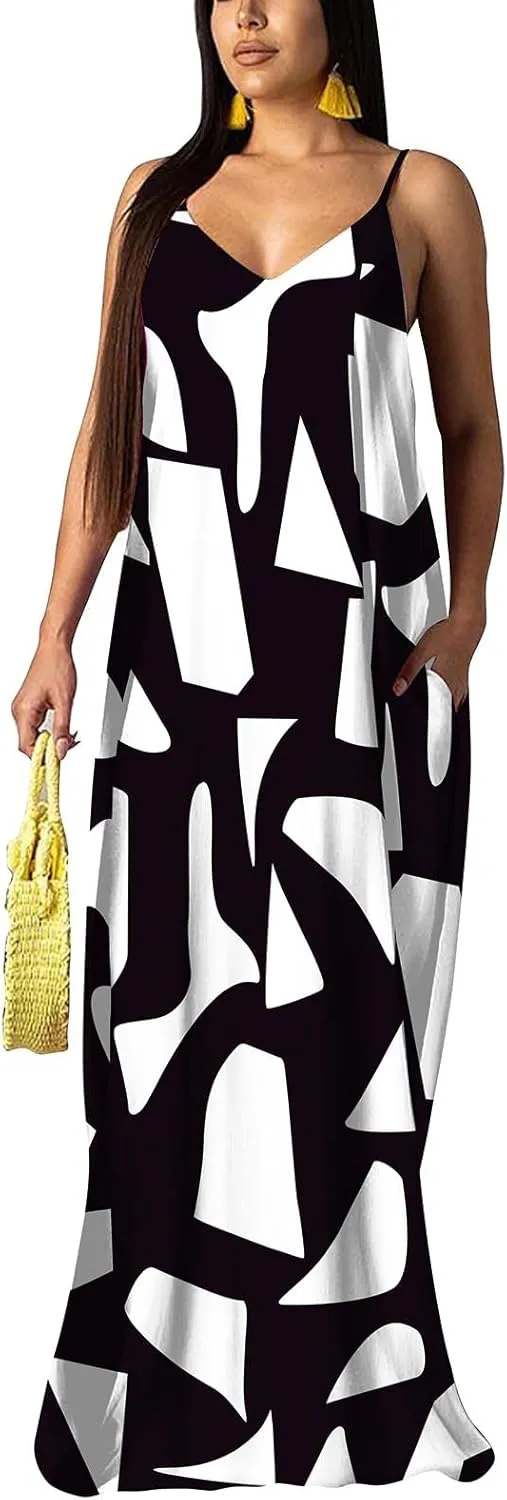 BOGURST Women's Casual Summer Maxi Dresses Sleeveless Adjustable Spaghetti Strap Loose Plus Size Dresses