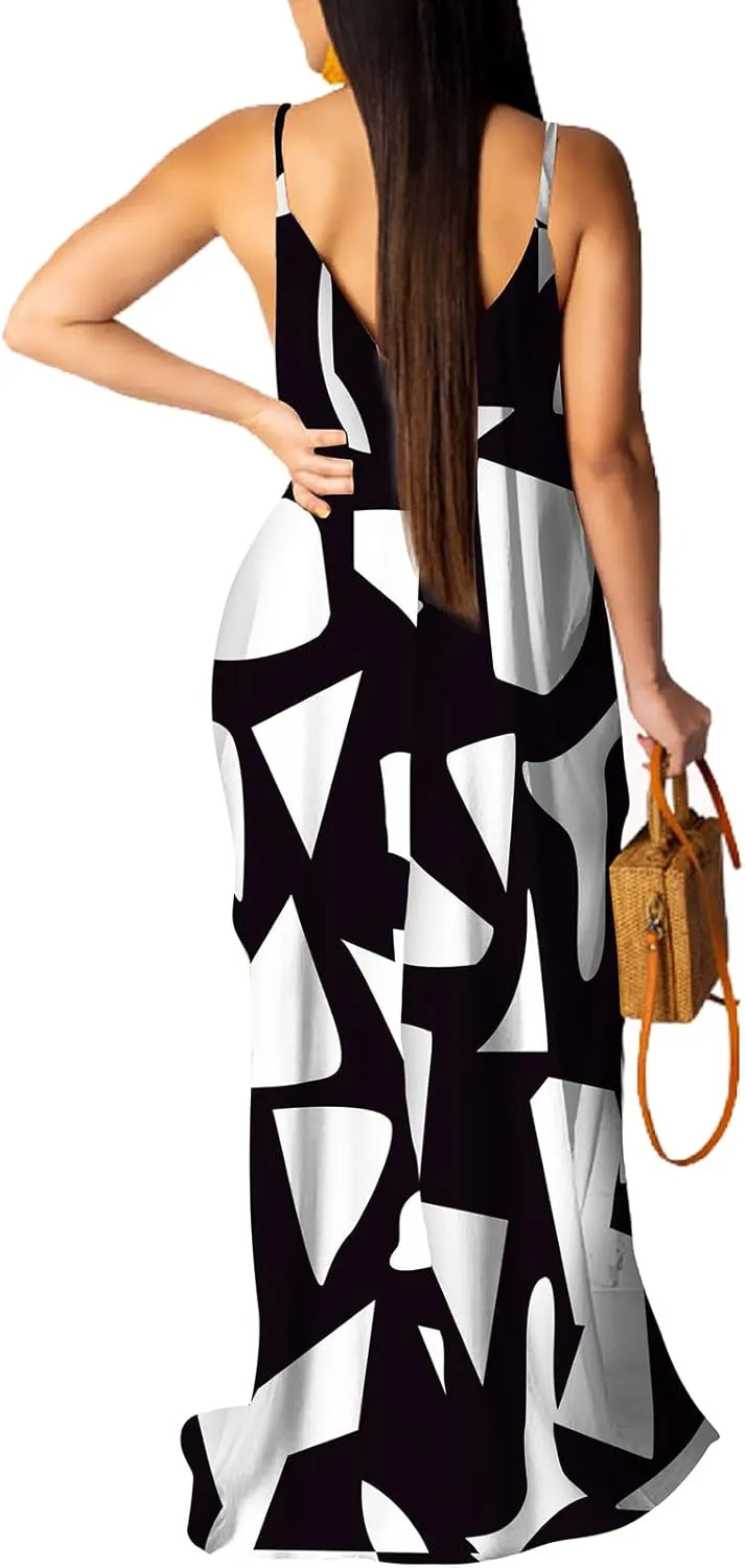 BOGURST Women's Casual Summer Maxi Dresses Sleeveless Adjustable Spaghetti Strap Loose Plus Size Dresses