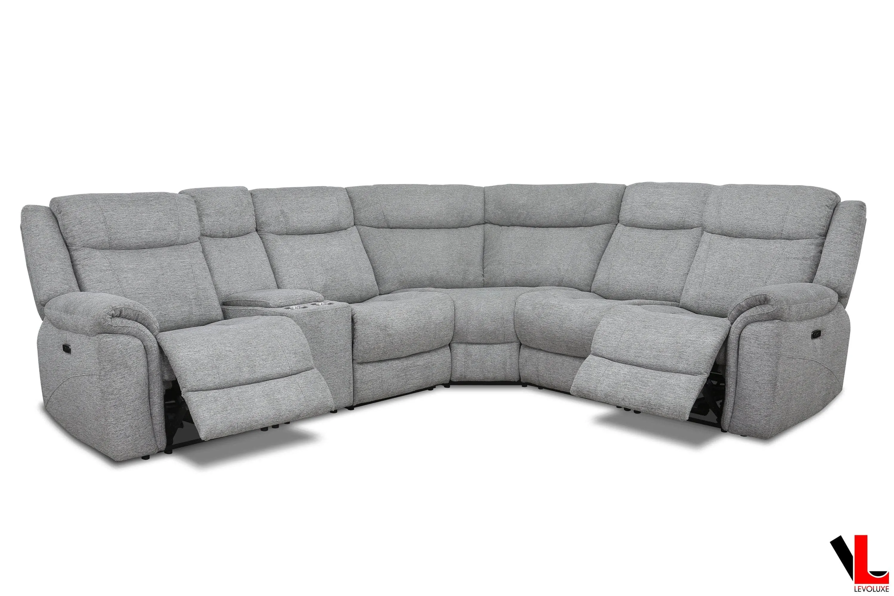 Braun Corner Sectional Sofa with Console, Power Recliners, and Power Headrests in Tweed Ash Fabric