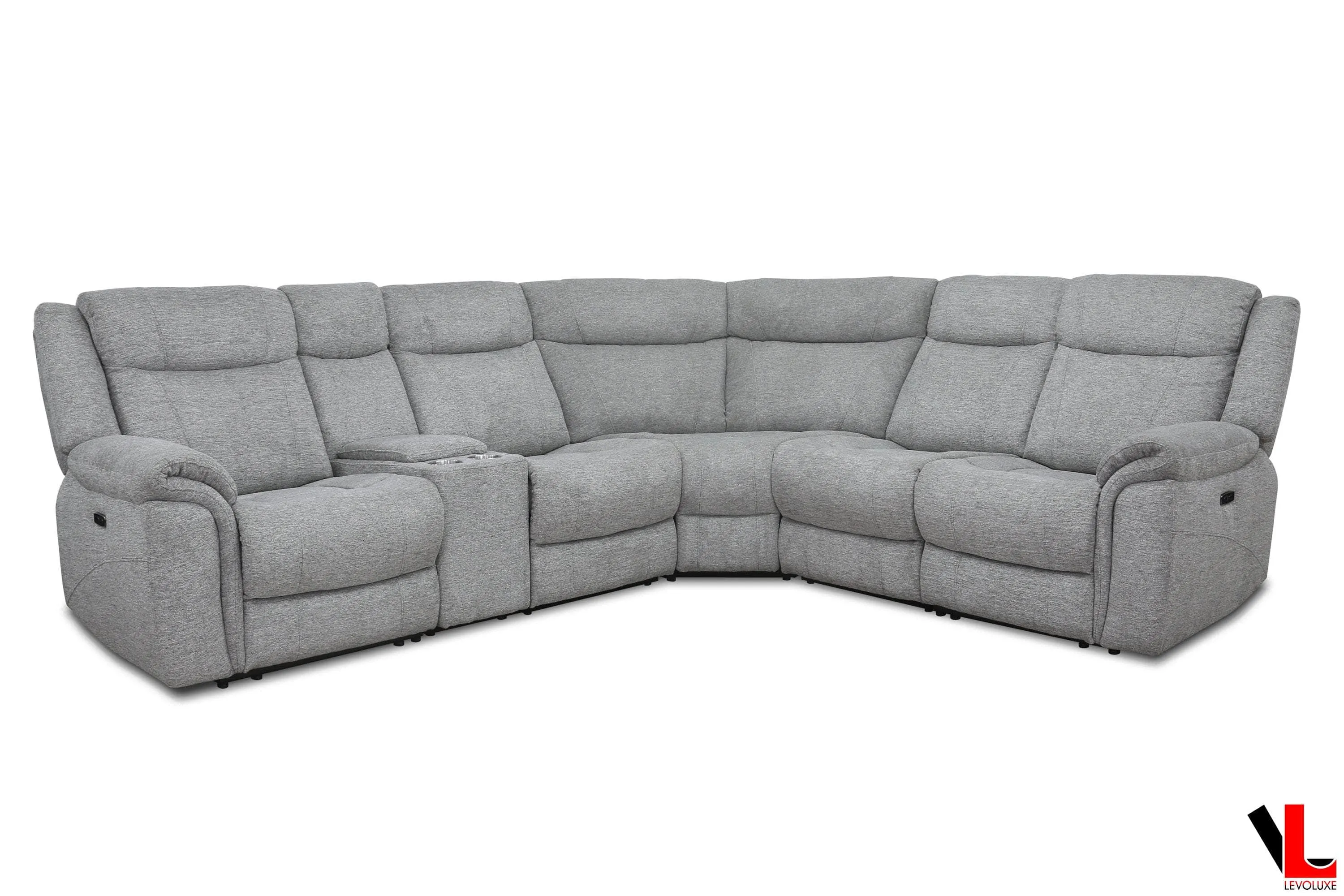 Braun Corner Sectional Sofa with Console, Power Recliners, and Power Headrests in Tweed Ash Fabric