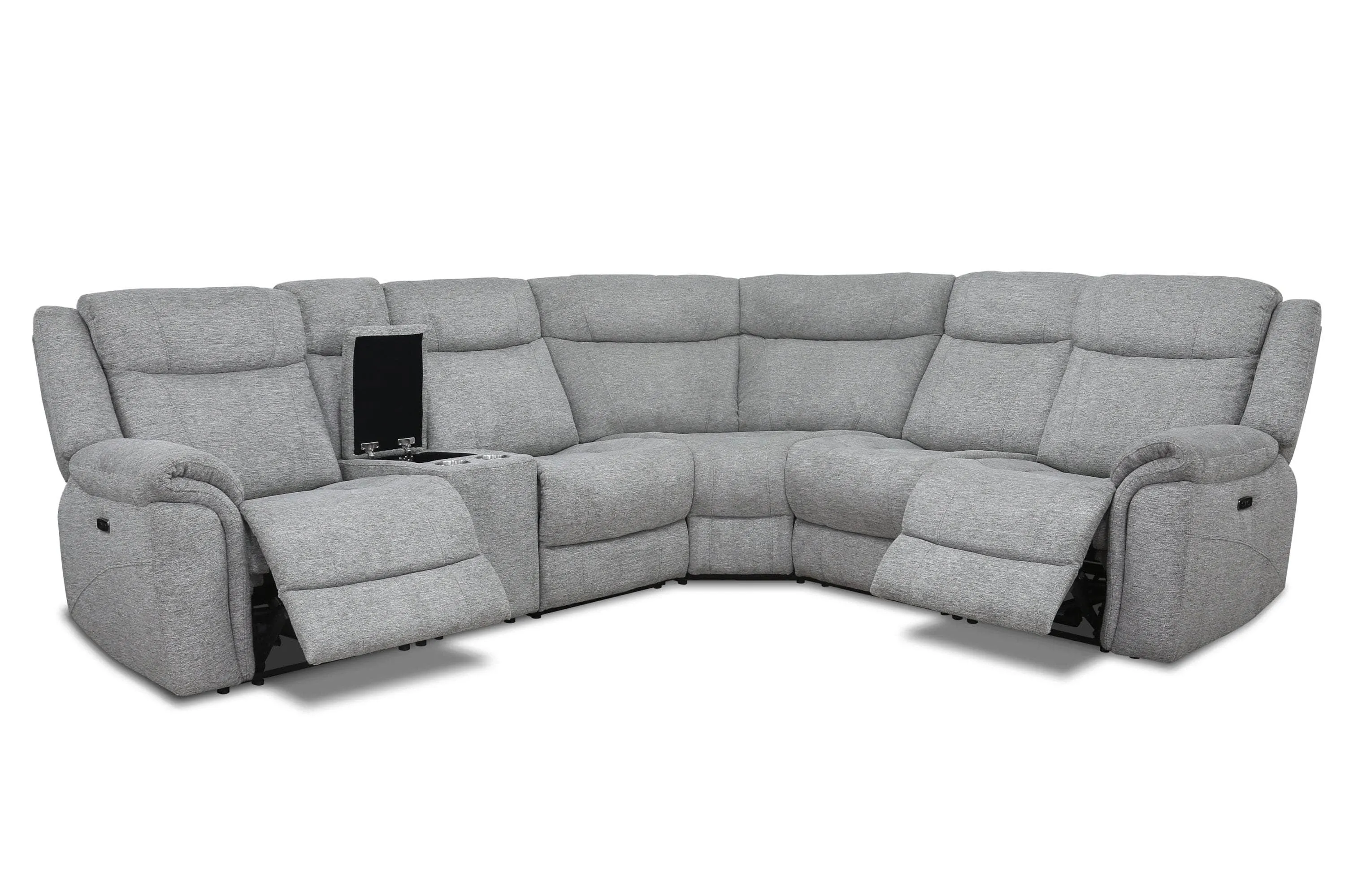 Braun Corner Sectional Sofa with Console, Power Recliners, and Power Headrests in Tweed Ash Fabric
