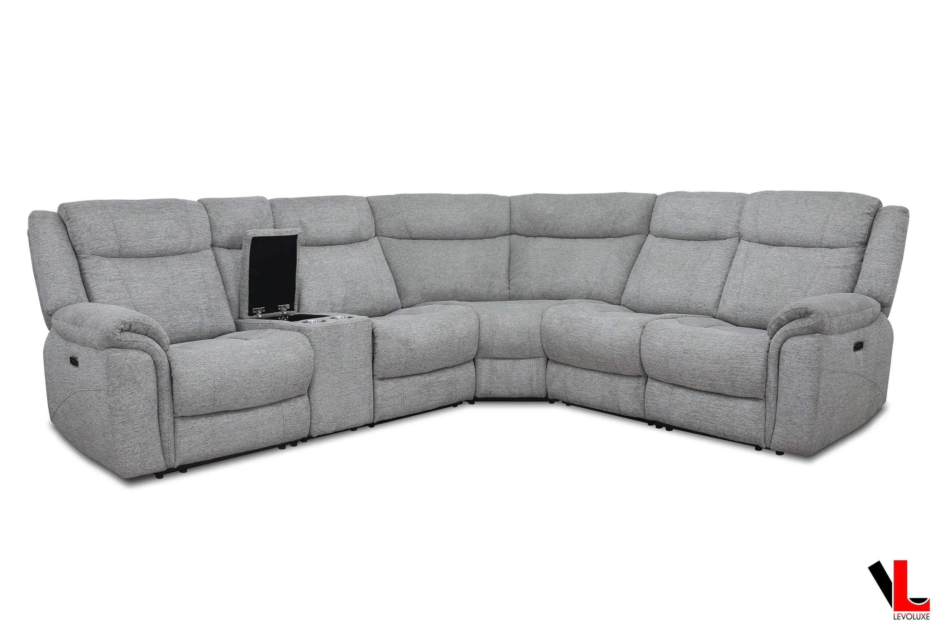 Braun Corner Sectional Sofa with Console, Power Recliners, and Power Headrests in Tweed Ash Fabric