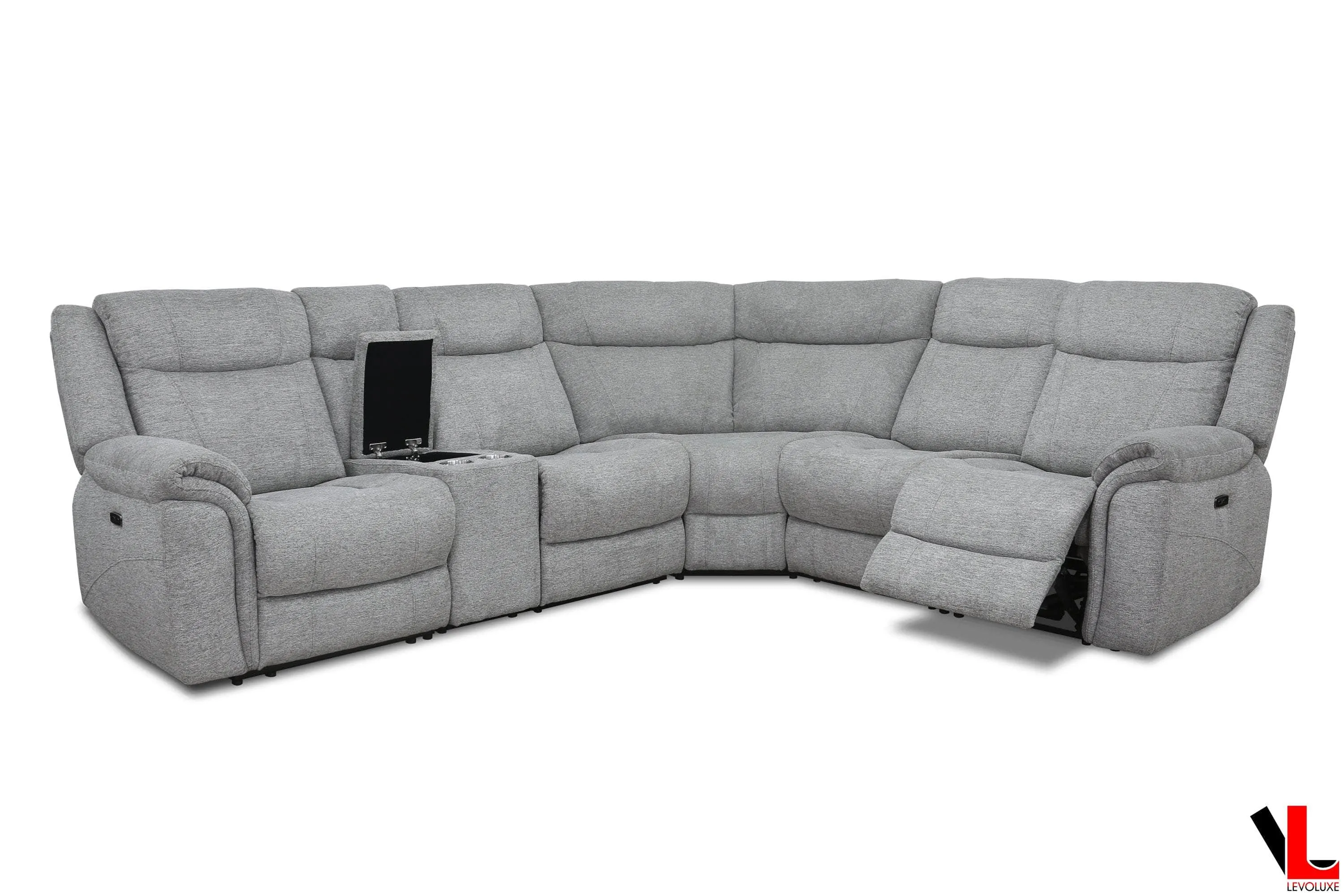 Braun Corner Sectional Sofa with Console, Power Recliners, and Power Headrests in Tweed Ash Fabric
