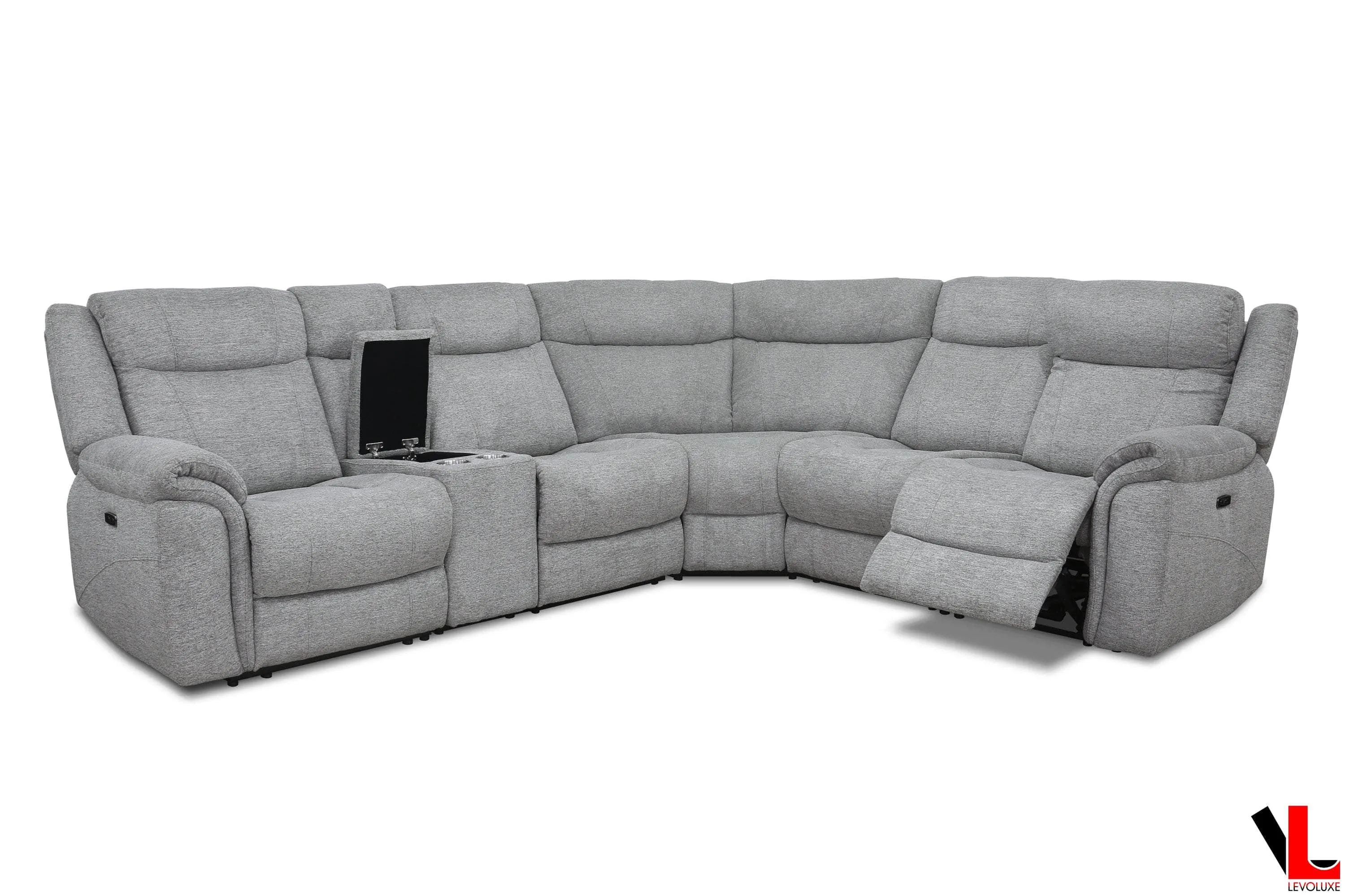 Braun Corner Sectional Sofa with Console, Power Recliners, and Power Headrests in Tweed Ash Fabric