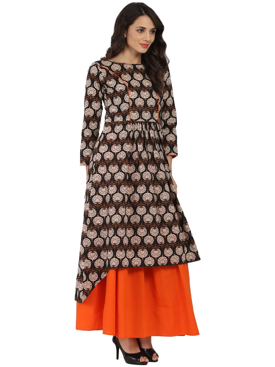 Brown Printed 3/4Th Sleeve Cotton A-Line Kurta With Orange Flared Skirt
