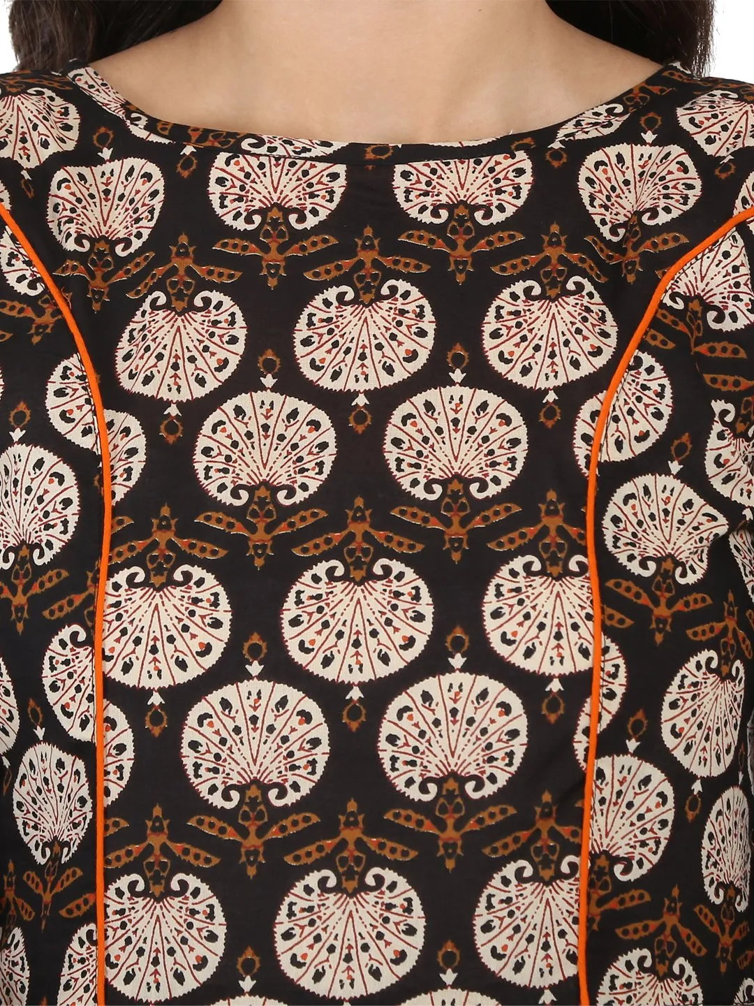 Brown Printed 3/4Th Sleeve Cotton A-Line Kurta With Orange Flared Skirt