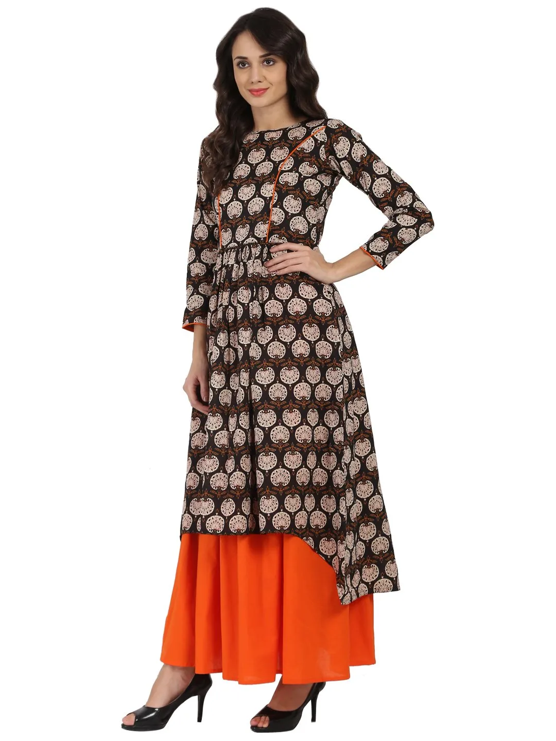 Brown Printed 3/4Th Sleeve Cotton A-Line Kurta With Orange Flared Skirt