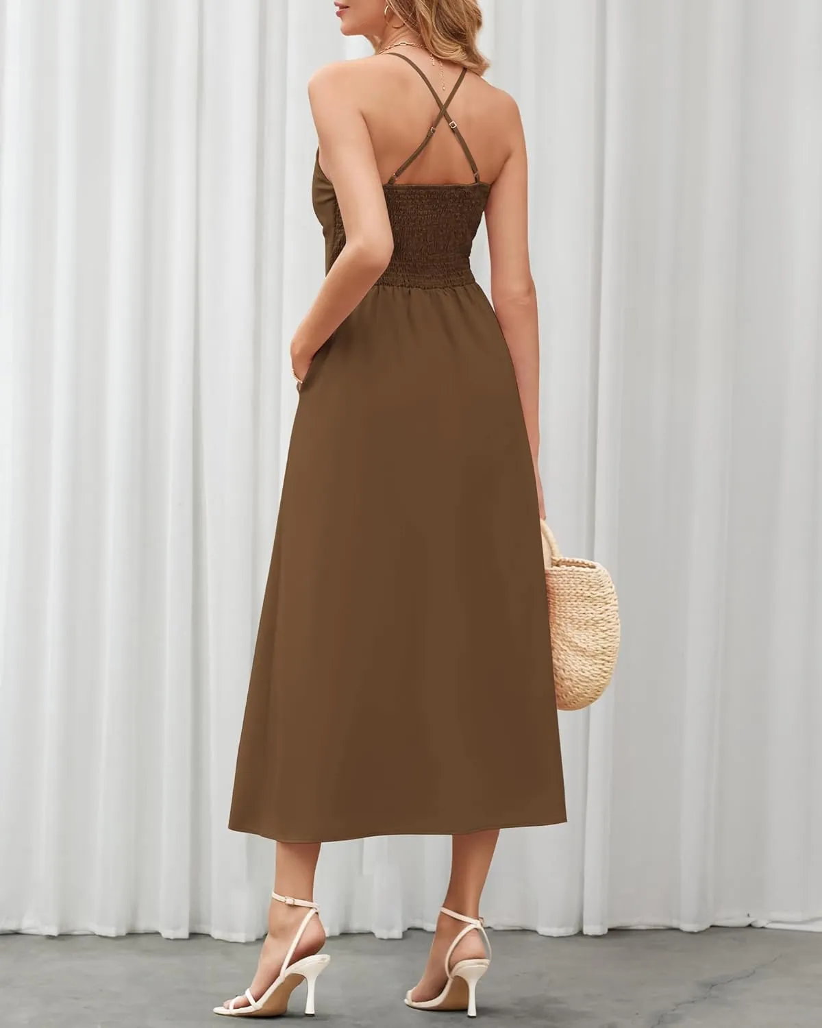 BTFBM Women 2025 Summer Spaghetti Strap Midi Dress Sleeveless V Neck Cutout Slit Casual Beach Party Maxi Dresses Pockets