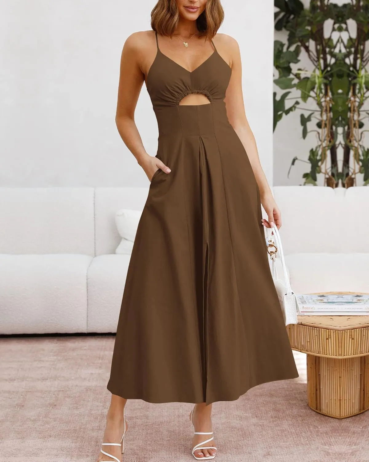 BTFBM Women 2025 Summer Spaghetti Strap Midi Dress Sleeveless V Neck Cutout Slit Casual Beach Party Maxi Dresses Pockets