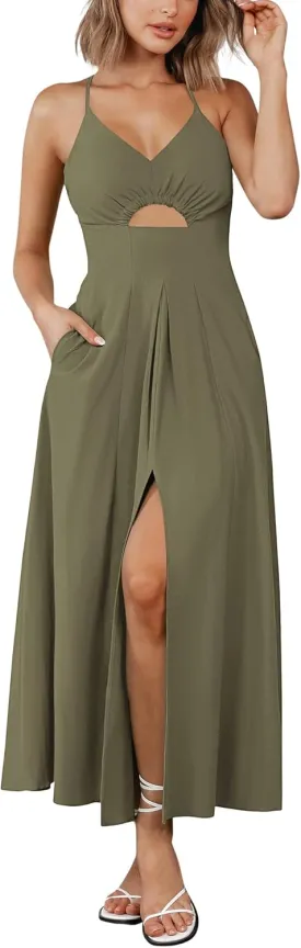 BTFBM Women 2025 Summer Spaghetti Strap Midi Dress Sleeveless V Neck Cutout Slit Casual Beach Party Maxi Dresses Pockets