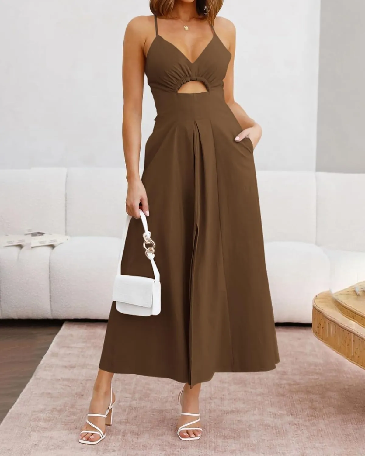 BTFBM Women 2025 Summer Spaghetti Strap Midi Dress Sleeveless V Neck Cutout Slit Casual Beach Party Maxi Dresses Pockets