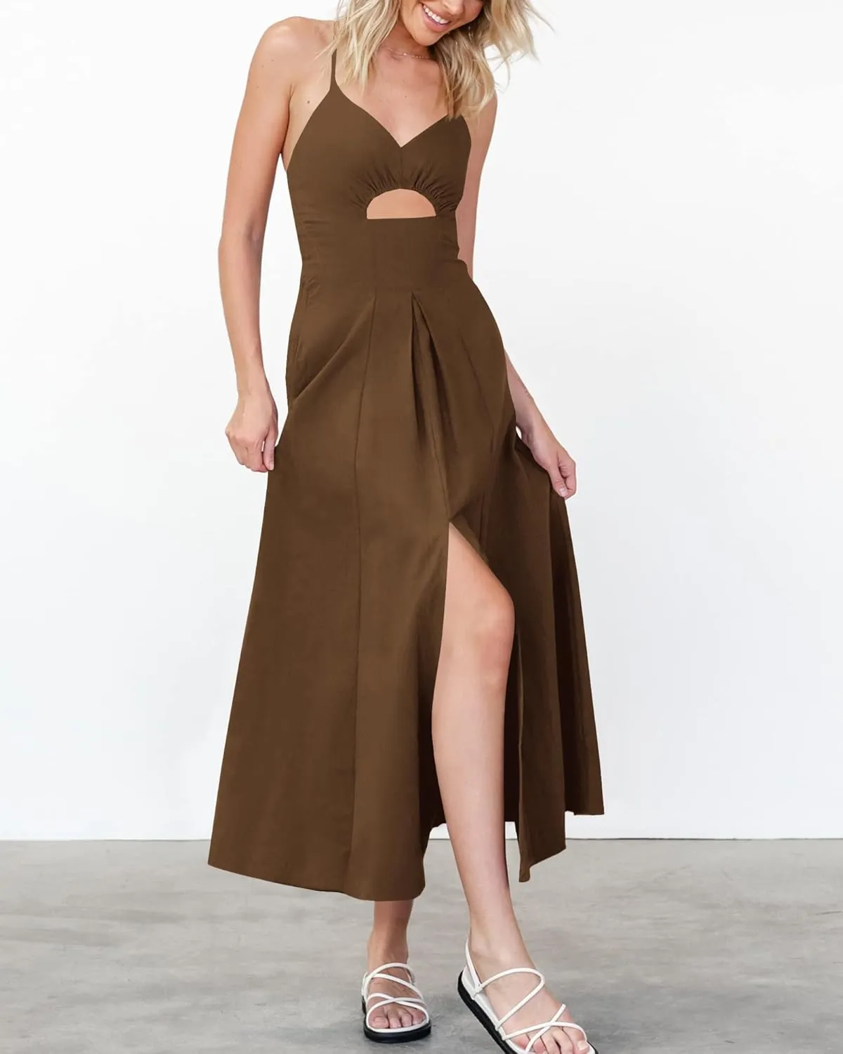 BTFBM Women 2025 Summer Spaghetti Strap Midi Dress Sleeveless V Neck Cutout Slit Casual Beach Party Maxi Dresses Pockets