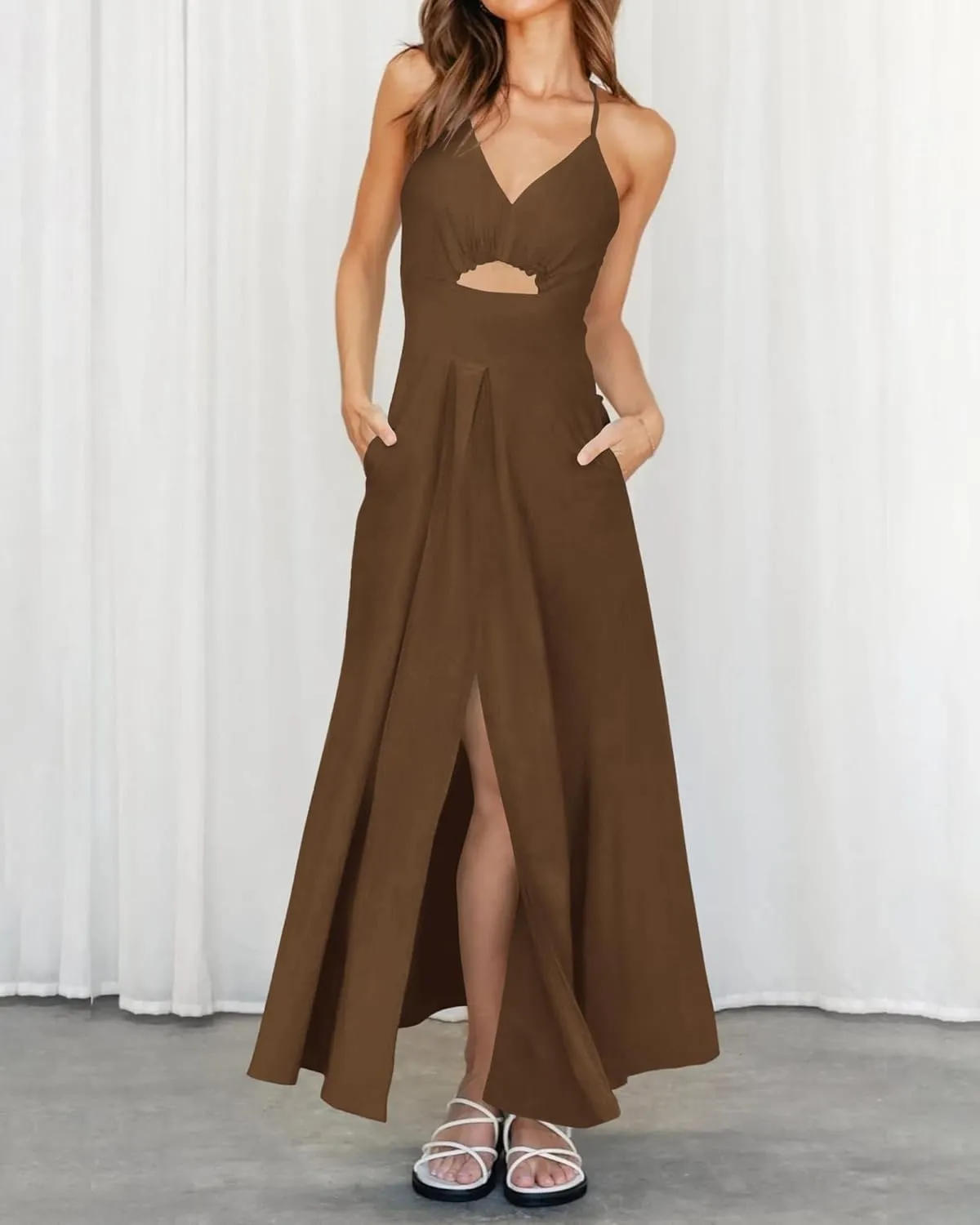 BTFBM Women 2025 Summer Spaghetti Strap Midi Dress Sleeveless V Neck Cutout Slit Casual Beach Party Maxi Dresses Pockets