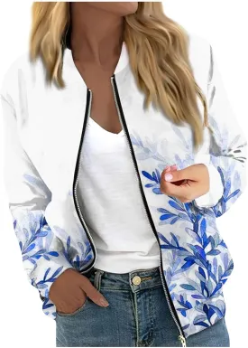 COTECRAM Bomber Jacket Women 2024 Causal Floral Zip Up Coats Long Sleeve Stand Collar Fall Jackets Lightweight Outerwear Tops