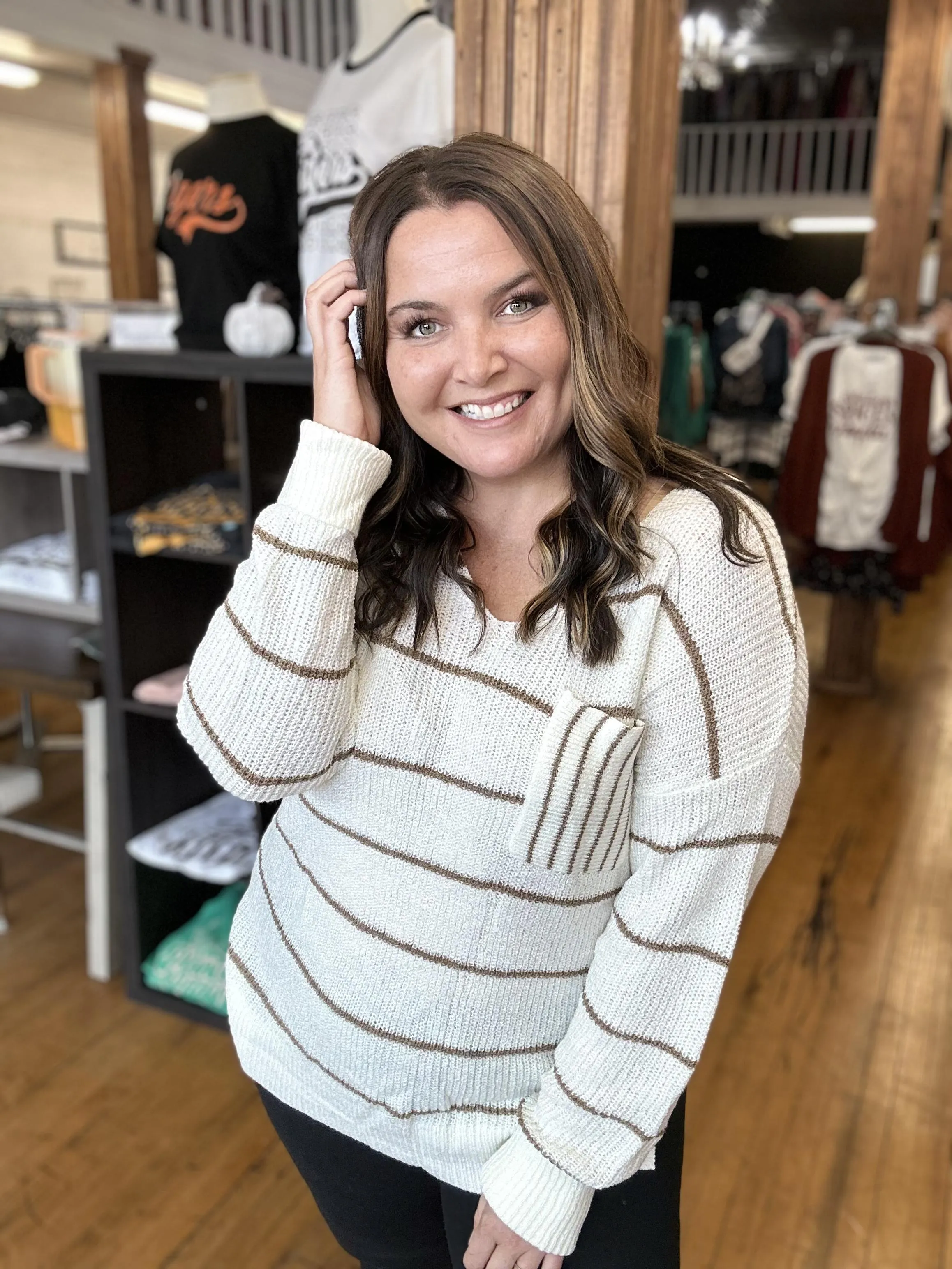 Cream & Brown Striped Sweater