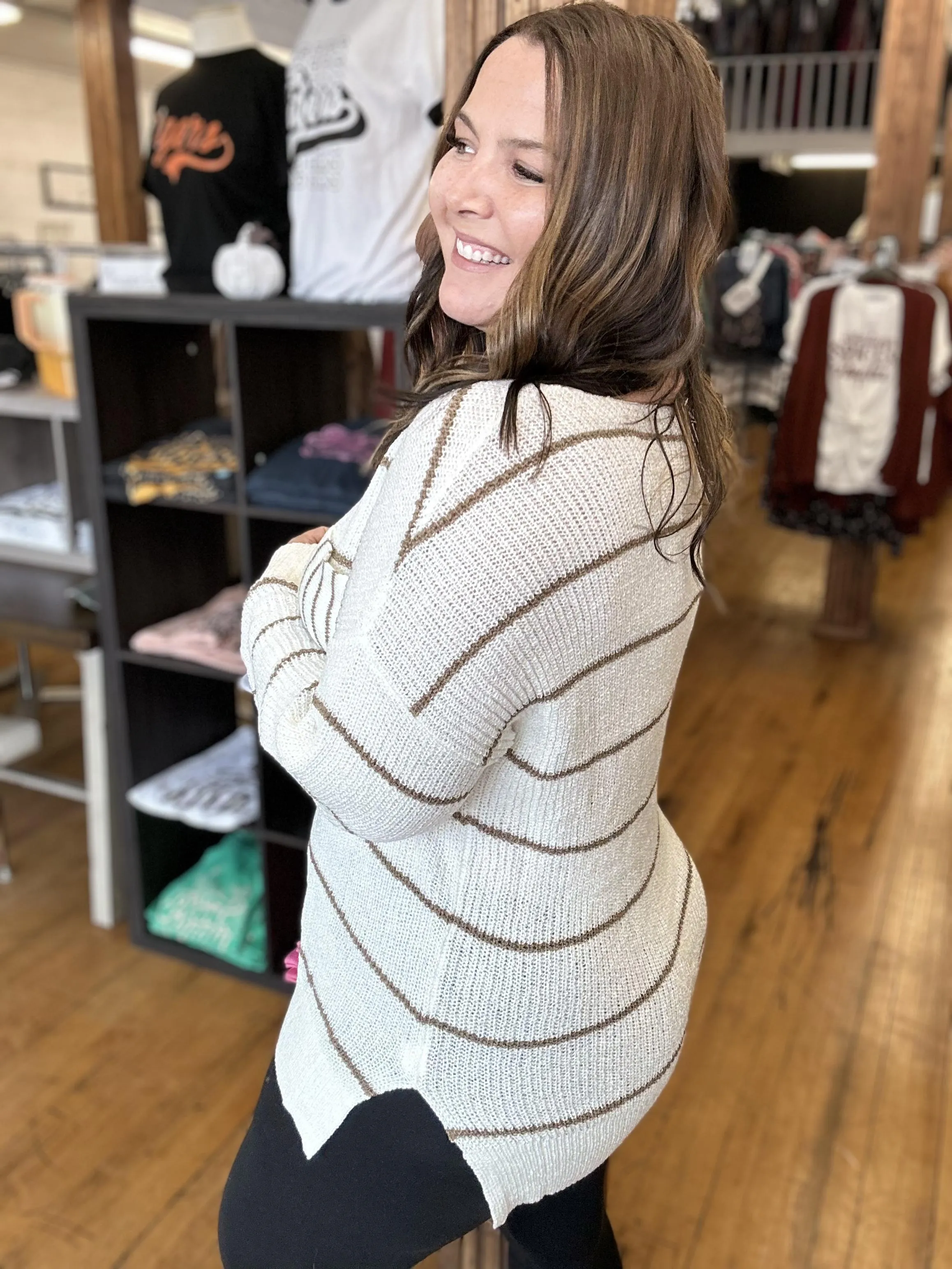 Cream & Brown Striped Sweater