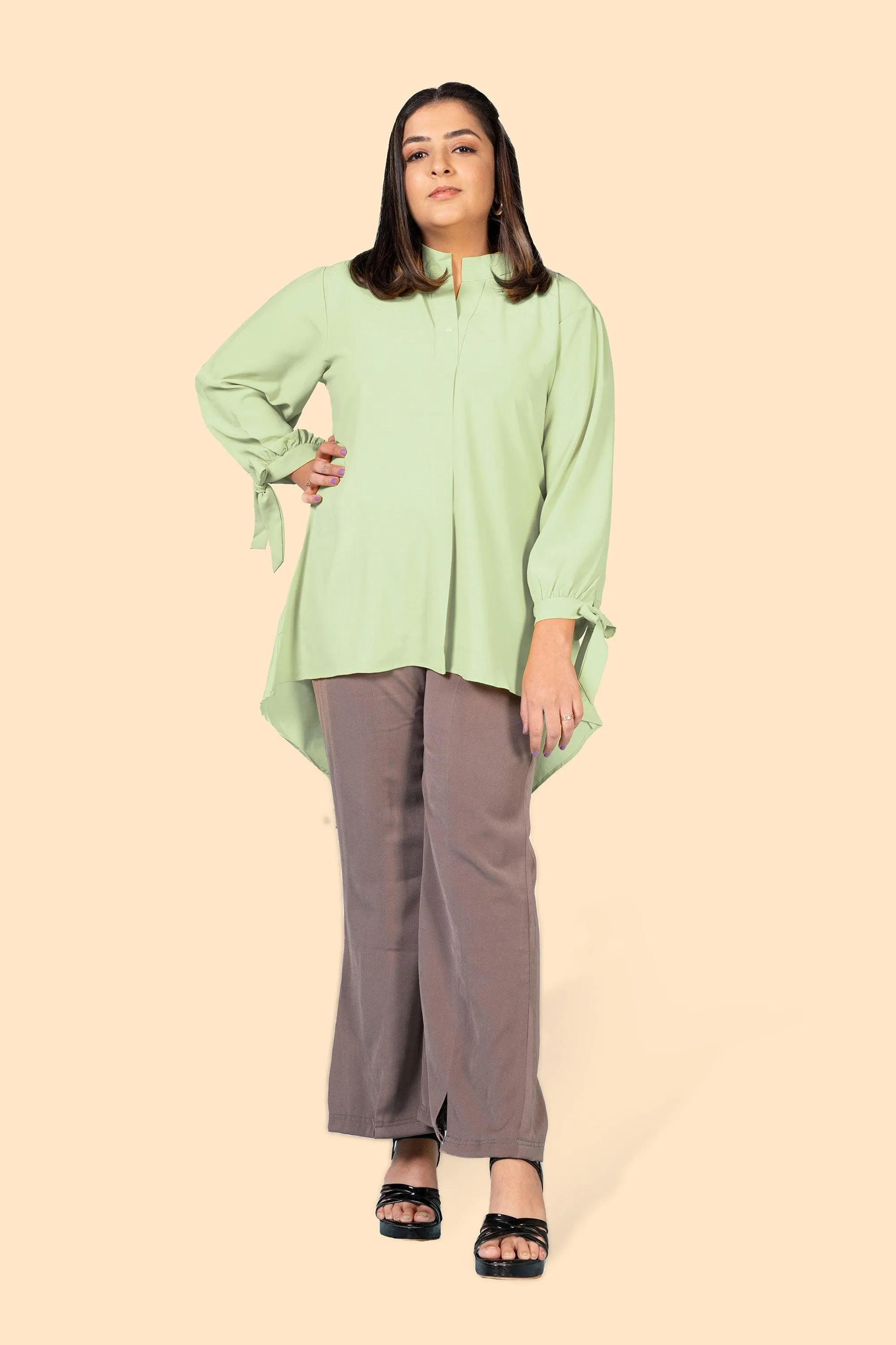 Curvy Lane Women Plus Size High Low Top with Tie Up Long Sleeves