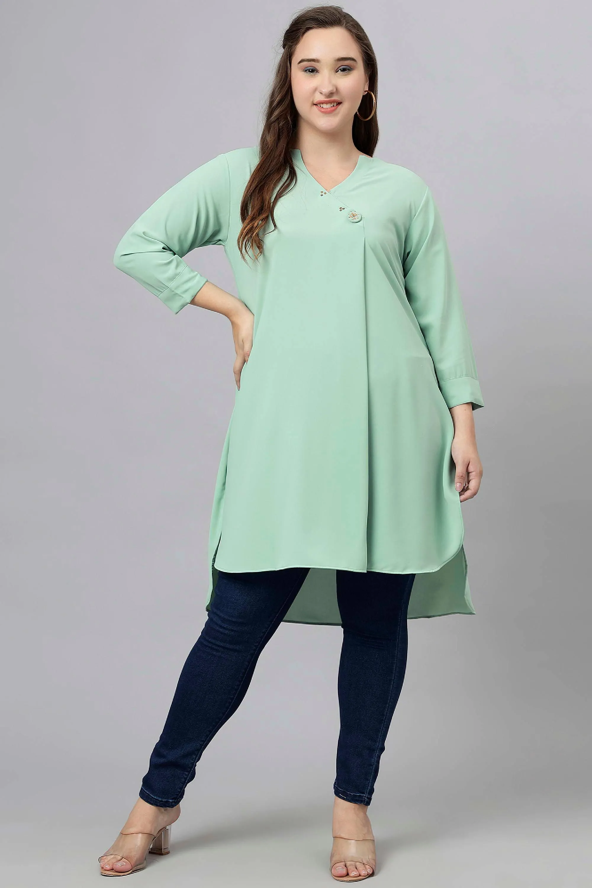 Curvy Lane Women Plus Size Wrap Style High Low V Neck Tunic