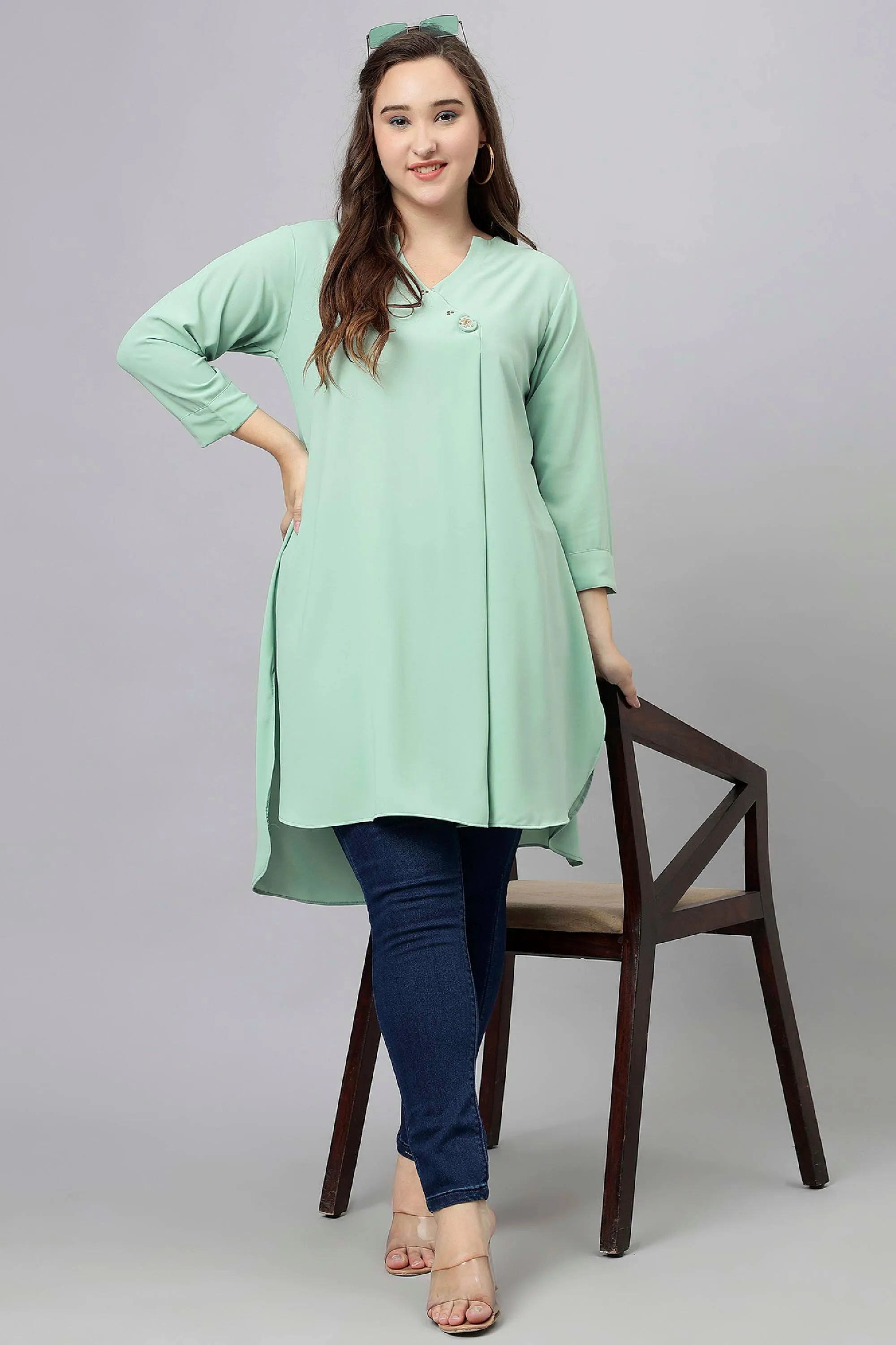 Curvy Lane Women Plus Size Wrap Style High Low V Neck Tunic