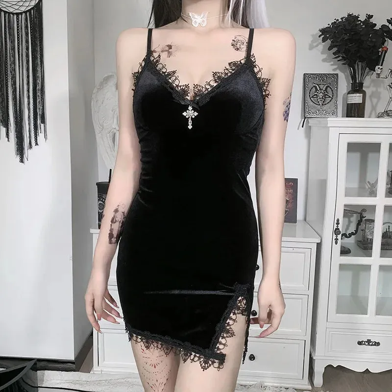 Dark High Black Waist Sexy Spaghetti Slit Cross Vintage Club Strap Party Gown