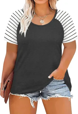 DOLNINE Women's Plus Size Tops Striped Raglan Tee Shirts Casual Tunics Blouses